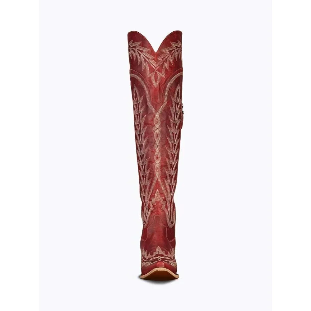 Women Red Polyurethane Over the Knee Cowboy Adjustable Thigh High Cowgirl Boots